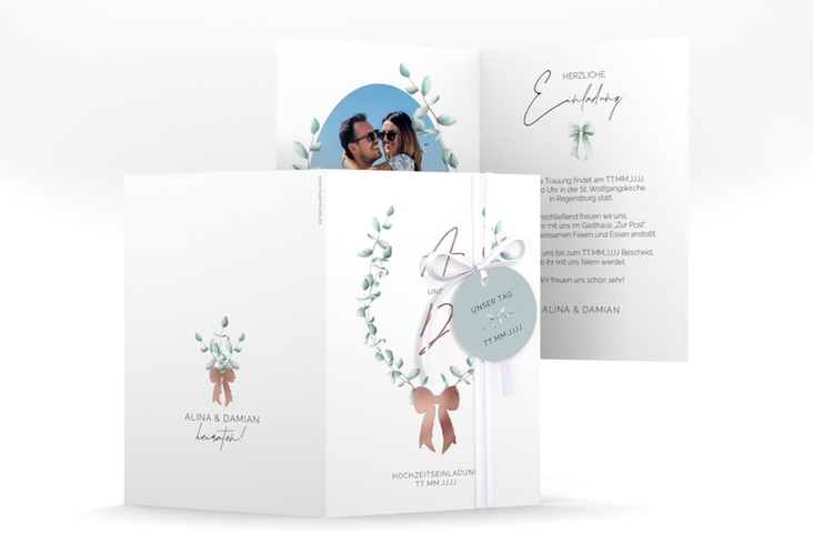 Einladungskarte Hochzeit Eucalypt Bow A6 Klappkarte hoch rosegold