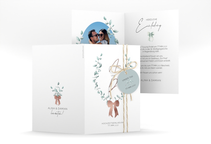 Einladungskarte Hochzeit Eucalypt Bow A6 Klappkarte hoch rosegold