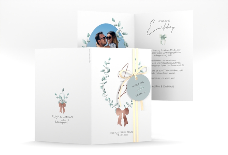 Einladungskarte Hochzeit Eucalypt Bow A6 Klappkarte hoch rosegold