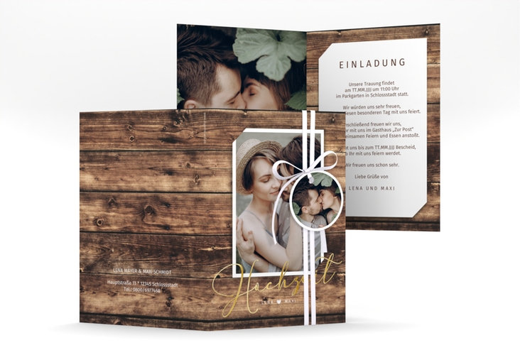 Einladungskarte Hochzeit Rustic A6 Klappkarte hoch gold