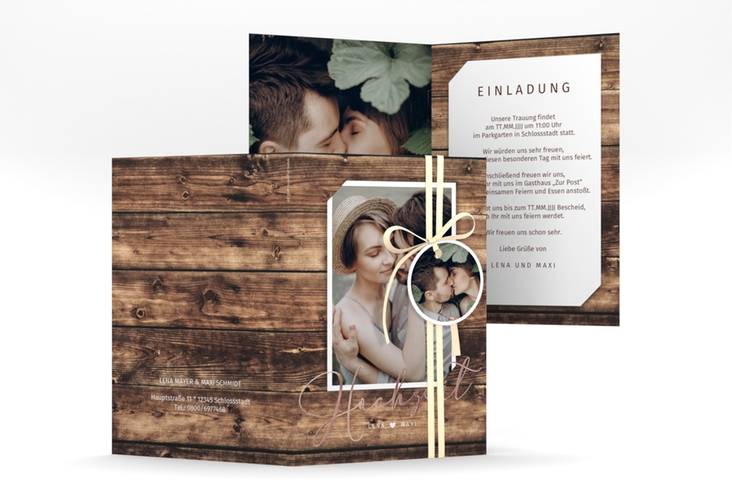 Einladungskarte Hochzeit Rustic A6 Klappkarte hoch rosegold