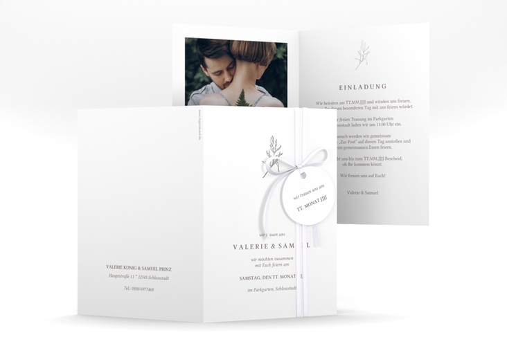 Einladungskarte Hochzeit Ivy A6 Klappkarte hoch silber minimalistisch mit kleiner botanischer Illustration