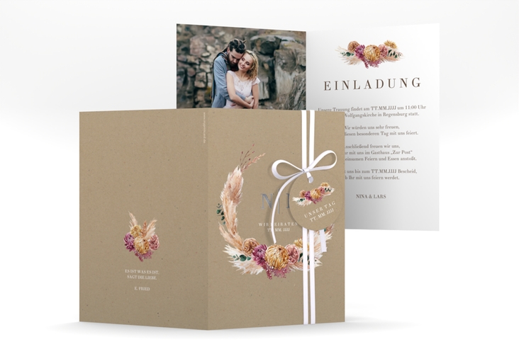 Einladungskarte Hochzeit Bohochic A6 Klappkarte hoch silber mit Gräsern und Trockenblumen für Boho-Hochzeit