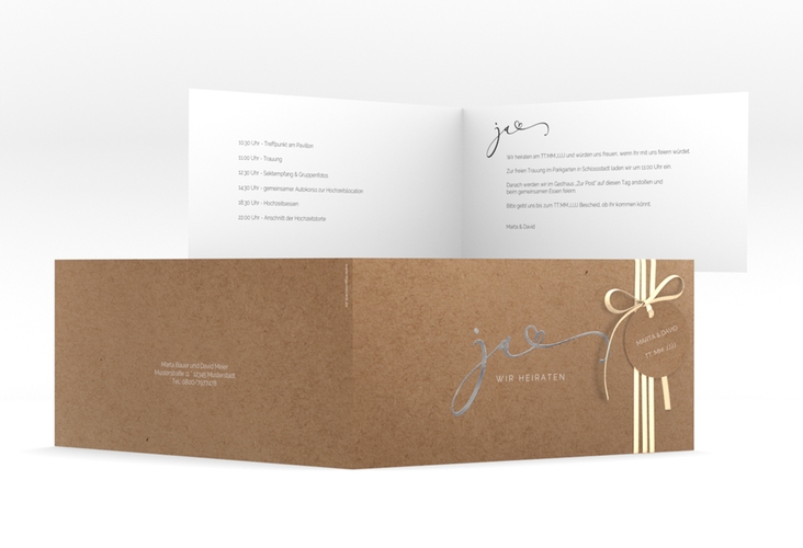 Hochzeitseinladung Jawort lange Klappkarte quer silber modern minimalistisch mit veredelter Aufschrift