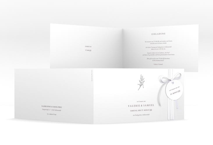 Hochzeitseinladung Ivy lange Klappkarte quer silber minimalistisch mit kleiner botanischer Illustration