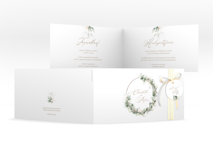 Hochzeitseinladung Selvatica lange Klappkarte quer rosegold mit Eukalyptus-Kranz
