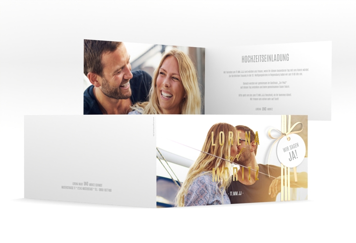 Hochzeitseinladung Memory lange Klappkarte quer gold
