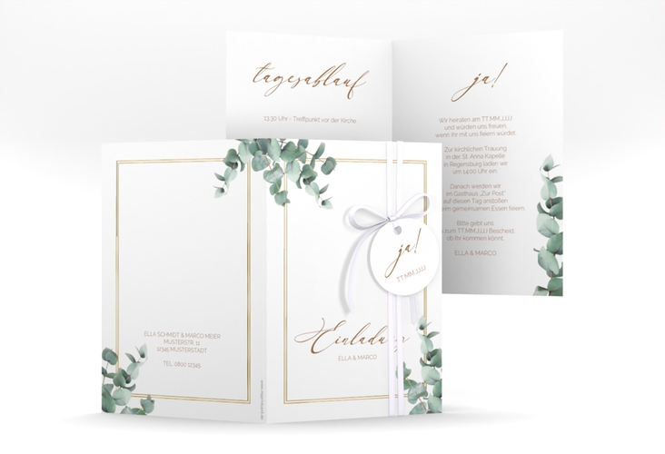 Einladungskarte Hochzeit Eucalypt A6 Klappkarte hoch gold mit Eukalyptus und edlem Rahmen