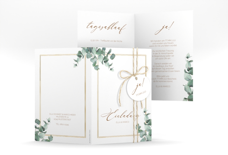 Einladungskarte Hochzeit Eucalypt A6 Klappkarte hoch gold mit Eukalyptus und edlem Rahmen