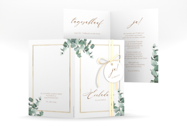 Einladungskarte Hochzeit Eucalypt A6 Klappkarte hoch gold mit Eukalyptus und edlem Rahmen
