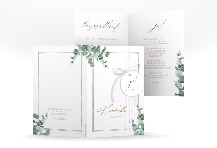 Einladungskarte Hochzeit Eucalypt A6 Klappkarte hoch silber mit Eukalyptus und edlem Rahmen