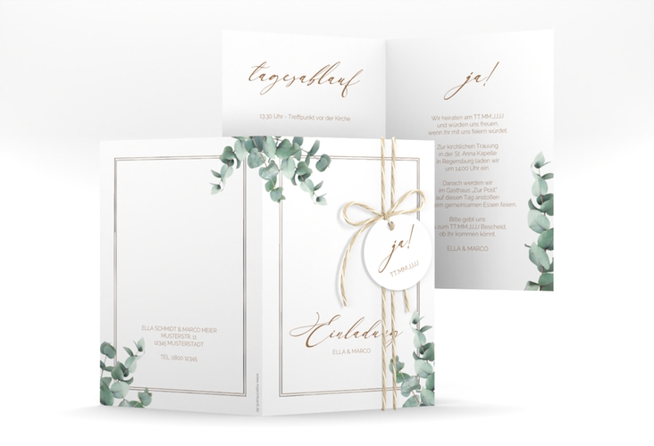 Einladungskarte Hochzeit Eucalypt A6 Klappkarte hoch silber mit Eukalyptus und edlem Rahmen