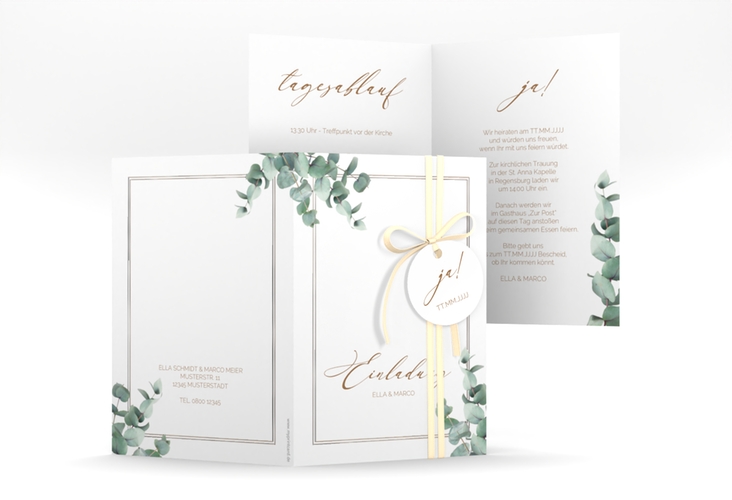 Einladungskarte Hochzeit Eucalypt A6 Klappkarte hoch silber mit Eukalyptus und edlem Rahmen
