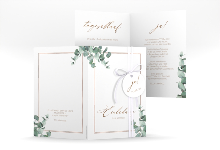 Einladungskarte Hochzeit Eucalypt A6 Klappkarte hoch rosegold mit Eukalyptus und edlem Rahmen