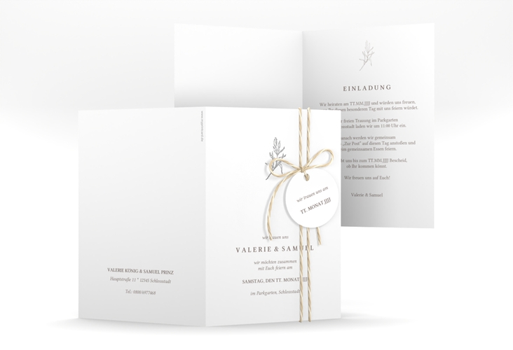 Einladungskarte Hochzeit Ivy A6 Klappkarte hoch silber minimalistisch mit kleiner botanischer Illustration
