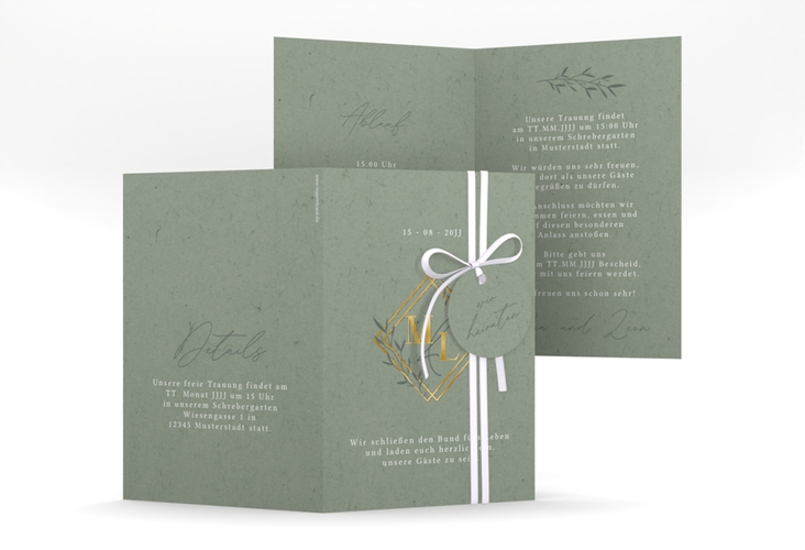 Hochzeitseinladung Greenletter A6 Klappkarte hoch gold mit Initialen in elegantem Goldrahmen mit Blättern
