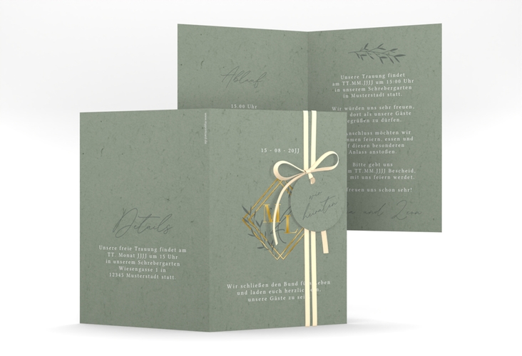 Hochzeitseinladung Greenletter A6 Klappkarte hoch gold mit Initialen in elegantem Goldrahmen mit Blättern