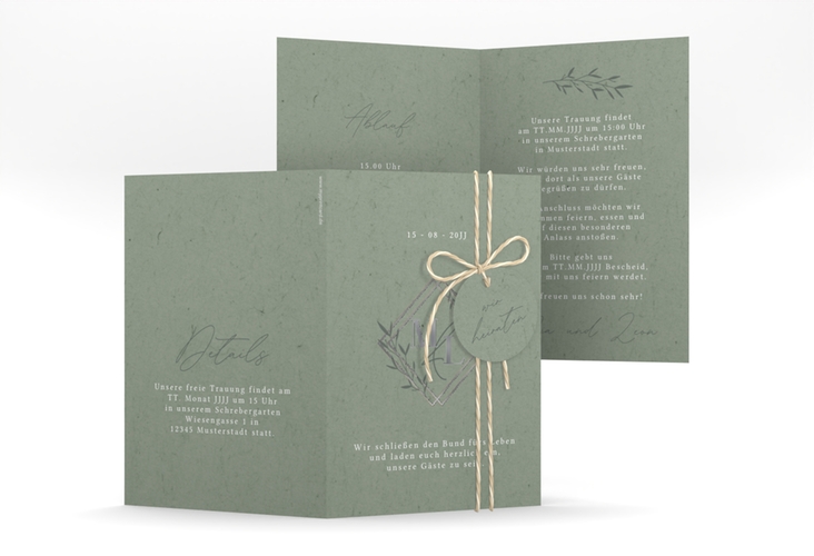 Hochzeitseinladung Greenletter A6 Klappkarte hoch silber mit Initialen in elegantem Goldrahmen mit Blättern