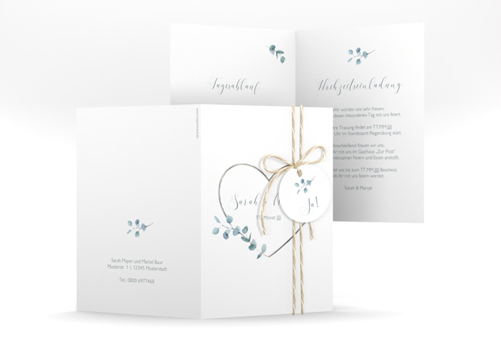 Einladungskarte Hochzeit Greenheart A6 Klappkarte hoch silber mit elegantem Herz und Eukalyptus-Zweig