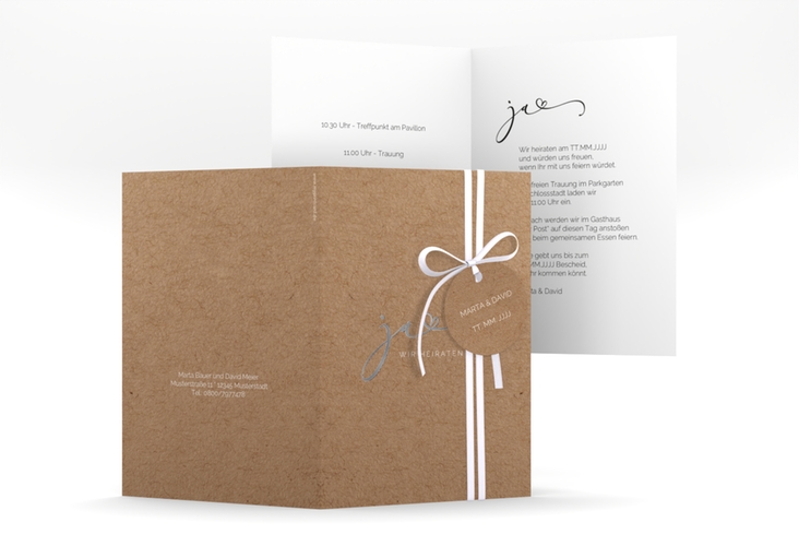 Hochzeitseinladung Jawort A6 Klappkarte hoch silber modern minimalistisch mit veredelter Aufschrift
