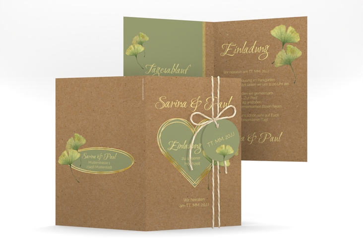 Einladungskarte Hochzeit Ginko A6 Klappkarte hoch gold mit Herz und zwei Ginkgo-Blättern
