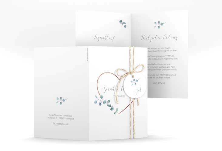 Einladungskarte Hochzeit Greenheart A6 Klappkarte hoch rosegold mit elegantem Herz und Eukalyptus-Zweig