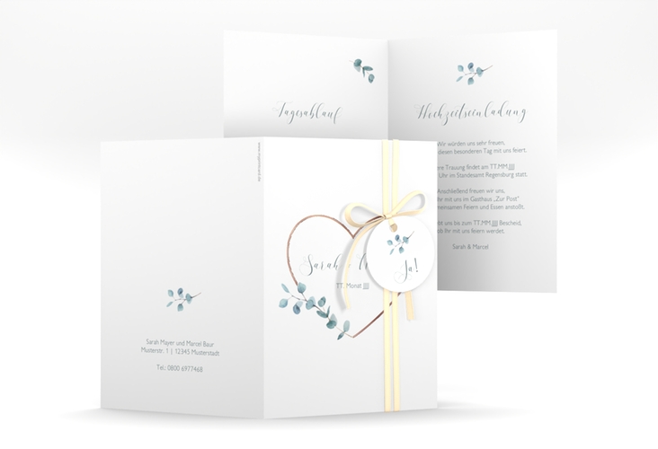 Einladungskarte Hochzeit Greenheart A6 Klappkarte hoch rosegold mit elegantem Herz und Eukalyptus-Zweig