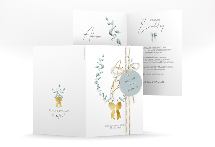 Einladungskarte Hochzeit Eucalypt Bow A6 Klappkarte hoch gold