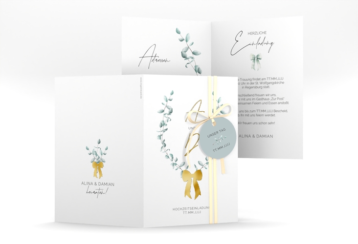 Einladungskarte Hochzeit Eucalypt Bow A6 Klappkarte hoch gold