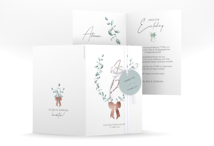 Einladungskarte Hochzeit Eucalypt Bow A6 Klappkarte hoch rosegold