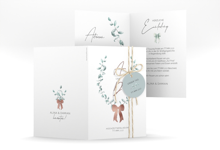 Einladungskarte Hochzeit Eucalypt Bow A6 Klappkarte hoch rosegold