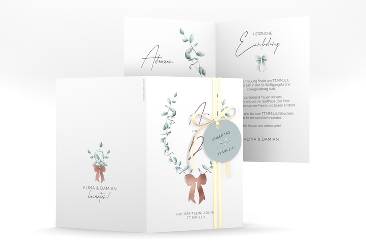 Einladungskarte Hochzeit Eucalypt Bow A6 Klappkarte hoch rosegold