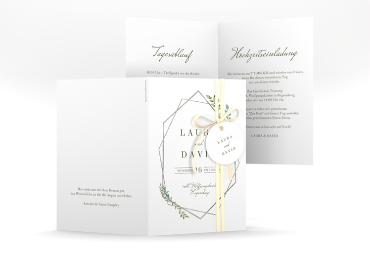 Einladungskarte Hochzeit Herbarium A6 Klappkarte hoch silber mit geometrischem Rahmen und Blätter-Dekor