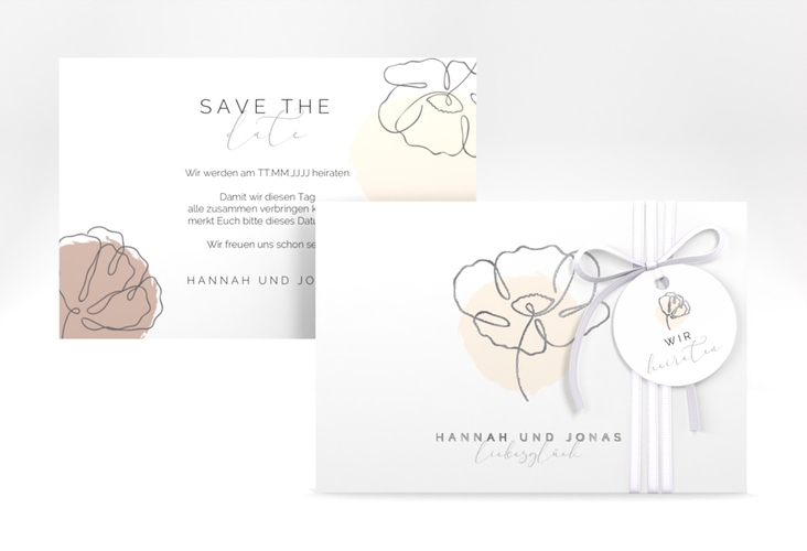 Save the Date-Karte Flowerline A6 Karte quer apricot silber