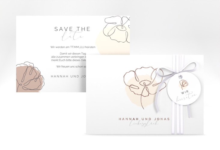 Save the Date-Karte Flowerline A6 Karte quer apricot rosegold