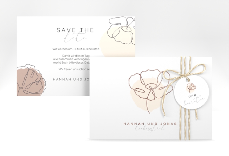 Save the Date-Karte Flowerline A6 Karte quer apricot rosegold