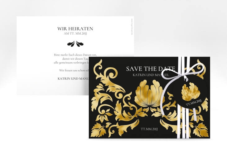 Save the Date-Karte Royal A6 Karte quer schwarz gold mit barockem Blumen-Ornament