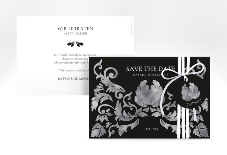 Save the Date-Karte Royal A6 Karte quer schwarz silber mit barockem Blumen-Ornament