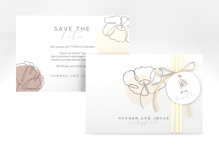 Save the Date-Karte Flowerline A6 Karte quer apricot silber