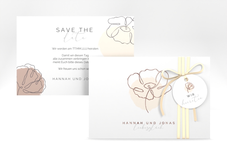 Save the Date-Karte Flowerline A6 Karte quer apricot rosegold
