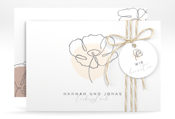 Save the Date-Karte Flowerline A6 Karte quer apricot silber
