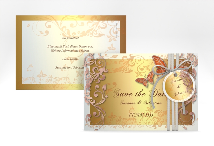 Save the Date-Karte Hochzeit Toulouse A6 Karte quer orange rosegold romantisch mit Schmetterlingen