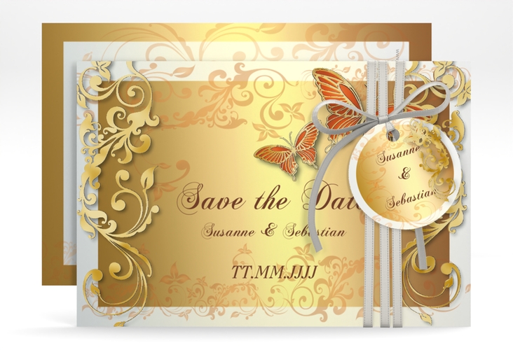 Save the Date-Karte Hochzeit Toulouse A6 Karte quer orange gold romantisch mit Schmetterlingen