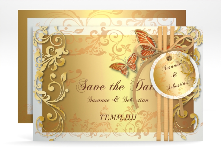 Save the Date-Karte Hochzeit Toulouse A6 Karte quer orange gold romantisch mit Schmetterlingen