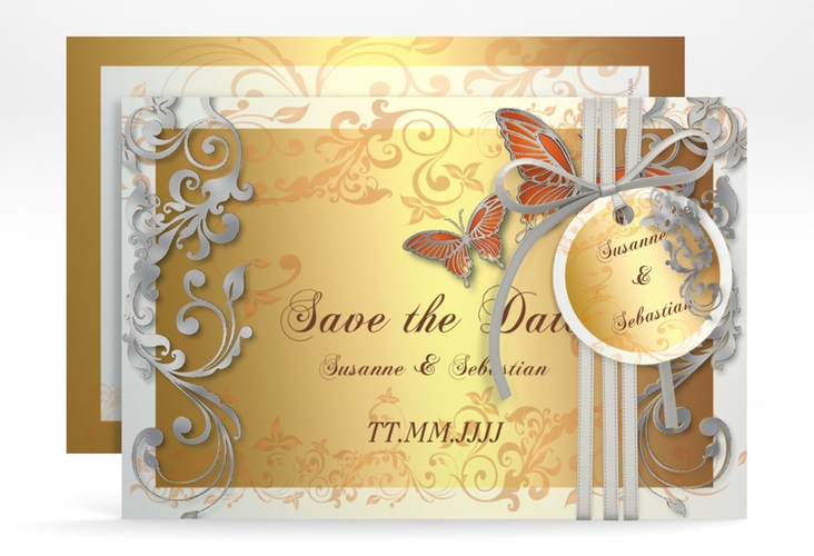 Save the Date-Karte Hochzeit Toulouse A6 Karte quer orange silber romantisch mit Schmetterlingen
