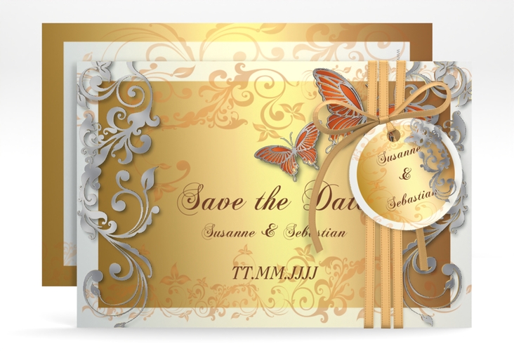 Save the Date-Karte Hochzeit Toulouse A6 Karte quer orange silber romantisch mit Schmetterlingen