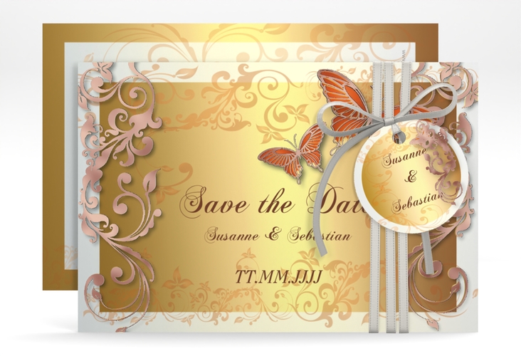 Save the Date-Karte Hochzeit Toulouse A6 Karte quer orange rosegold romantisch mit Schmetterlingen