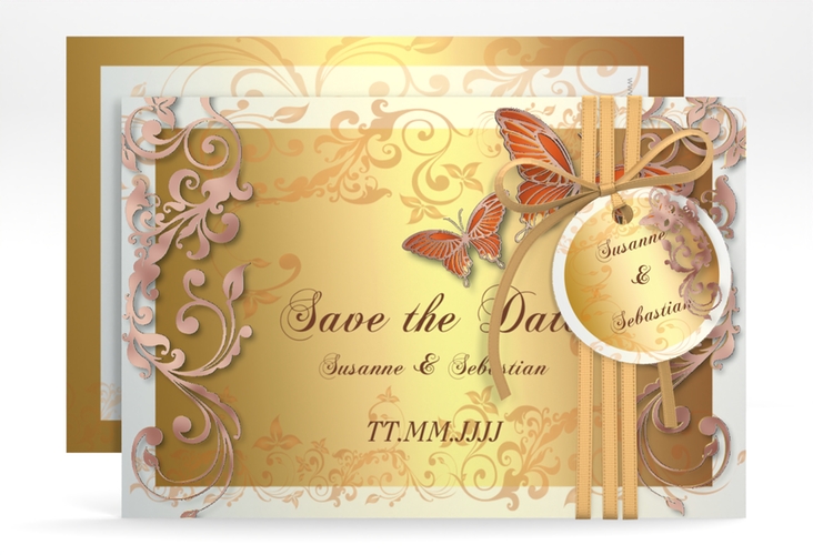 Save the Date-Karte Hochzeit Toulouse A6 Karte quer orange rosegold romantisch mit Schmetterlingen