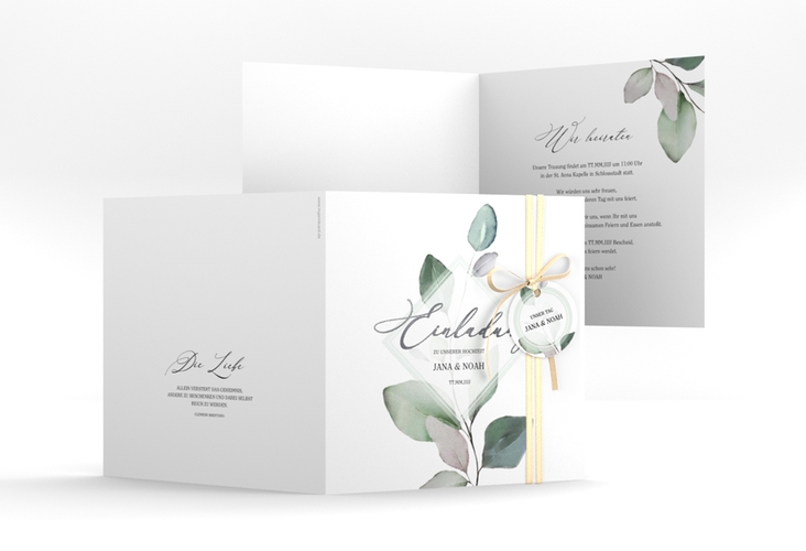 Hochzeitseinladung Foglia quadr. Klappkarte weiss silber edel mit Eukalyptus im Aquarell-Design
