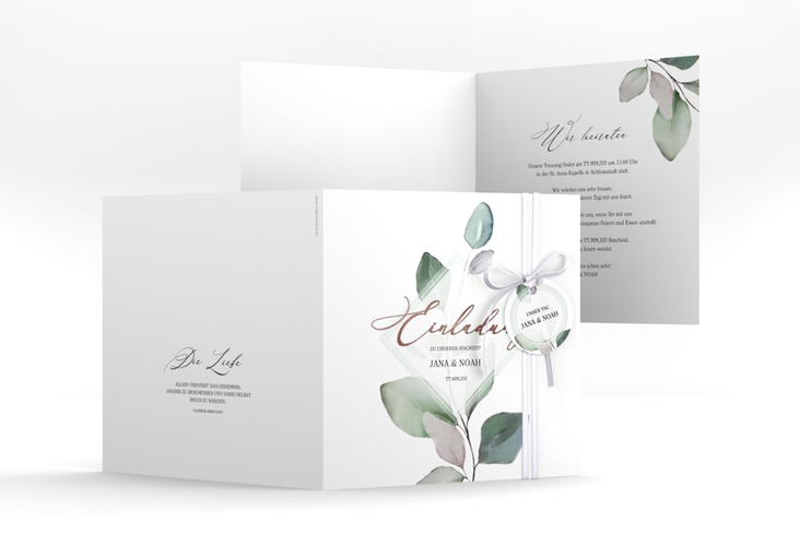 Hochzeitseinladung Foglia quadr. Klappkarte weiss rosegold edel mit Eukalyptus im Aquarell-Design
